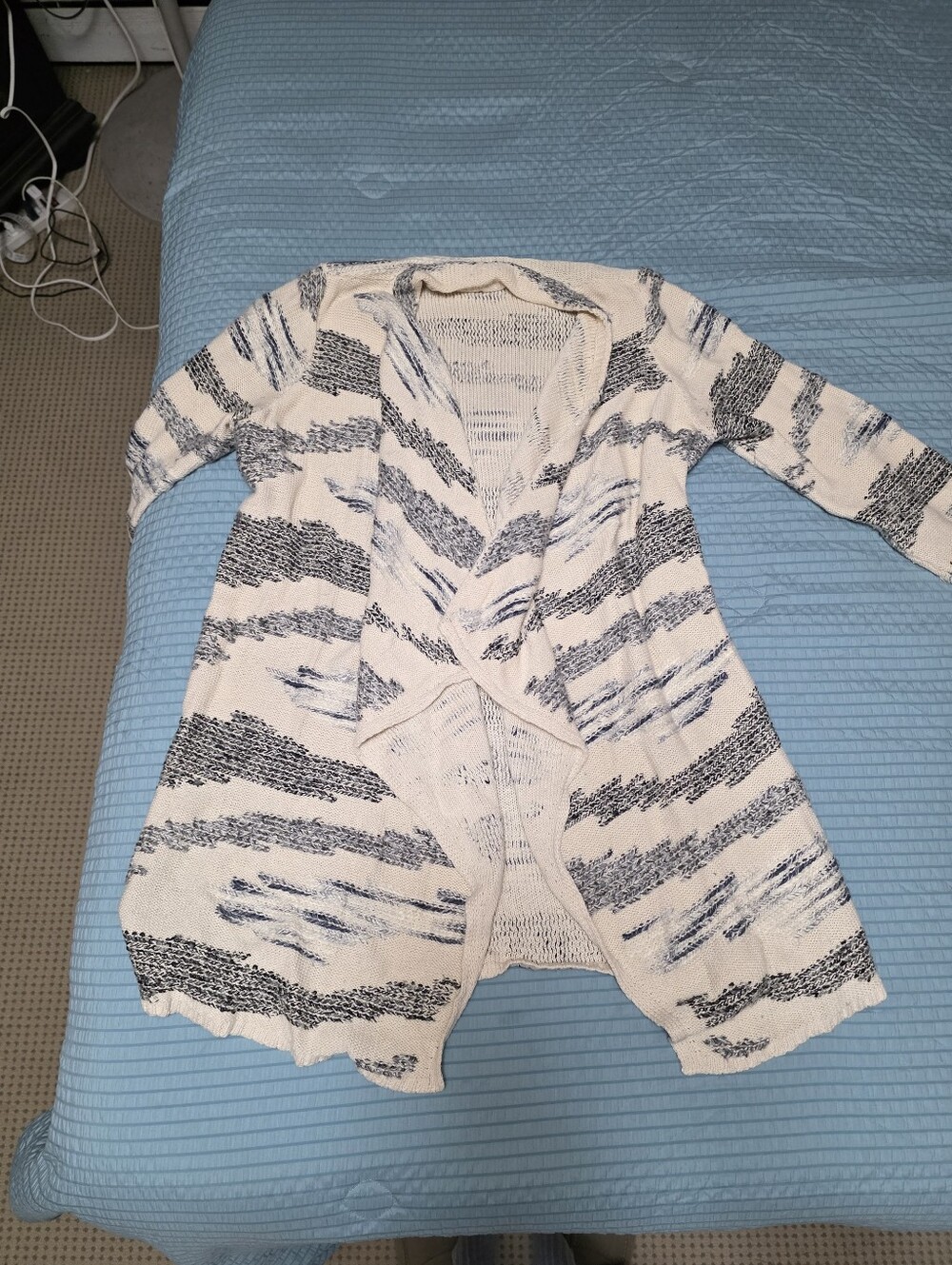 Lucky Brand Open-Front Striped Knit Cardigan in Cream and Navy Size L